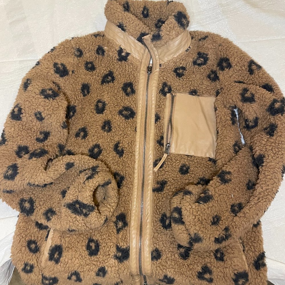 Abercrombie Fitch Leopard Print Fleece Jacket With Faux Leather